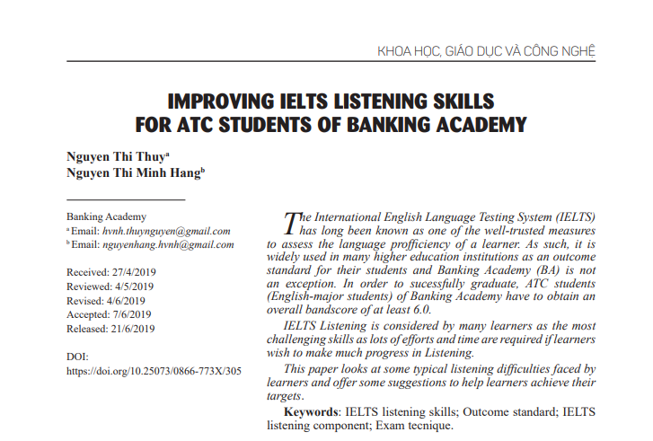 Improving IELTS listening skills for ATC students of Banking Academy
